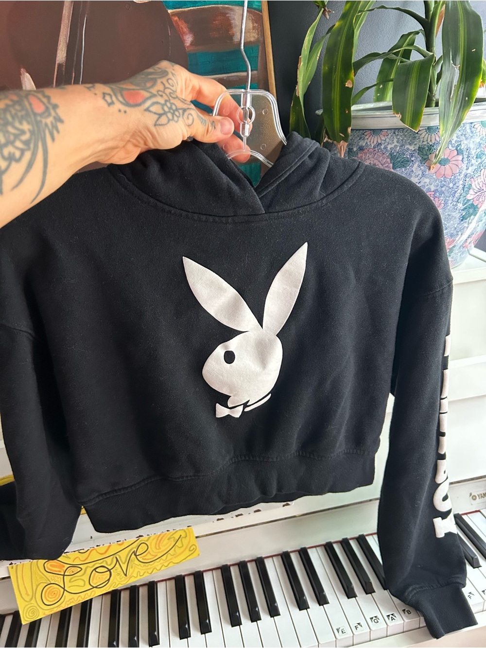 Playboy Bunny Cropped Hoodie Black Logo Graphic Pullover Y2K Women XS Hooded